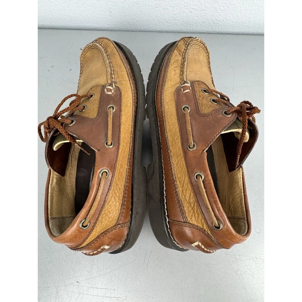 LL Bean Allagash Boat Shoes Mens 7.5 D Tan Brown Bison Leather Handsewn Oxford